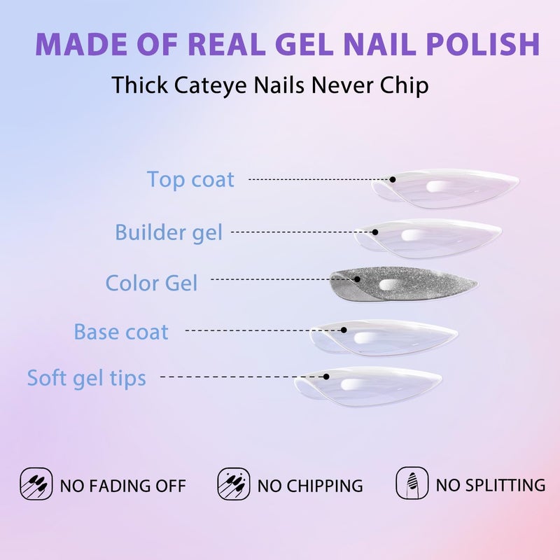 KQueenest Cat Eye Pink Press on Nails Almond Shape, 30 Pcs Glitter Fake Nails Medium, Thick Sparkly Black Nails Press on, Shiny Acrylic Nails, Cute Bling Stick on Nails for Women Small Hand - Image 4